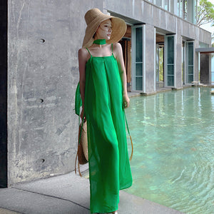 綠色高級設計師款中國風度假吊帶連身褲寬鬆海邊沙灘寬腿洋裝褲