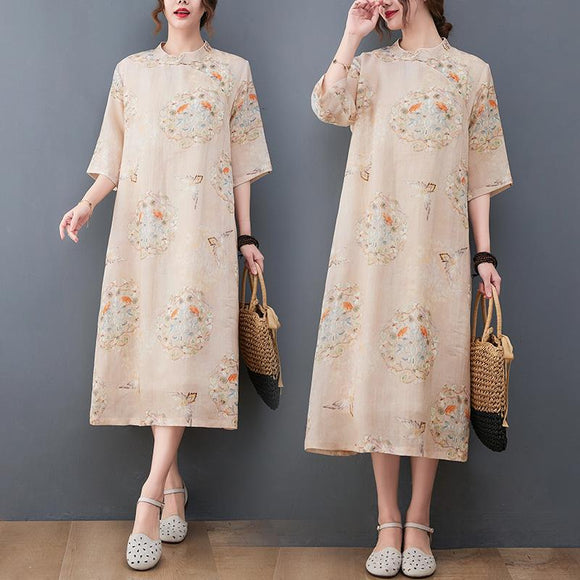 中國風印花復古改良旗袍寬鬆通勤長裙棉麻洋裝