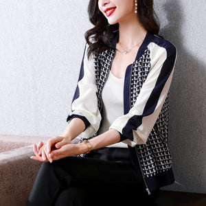 仿真絲短外套女夏季薄款設計感印花棒球服寬鬆時尚休閒