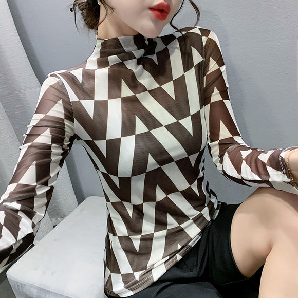 新網紗內搭上衣女秋冬修身顯瘦半高領長袖復古方格印花內搭上衣
