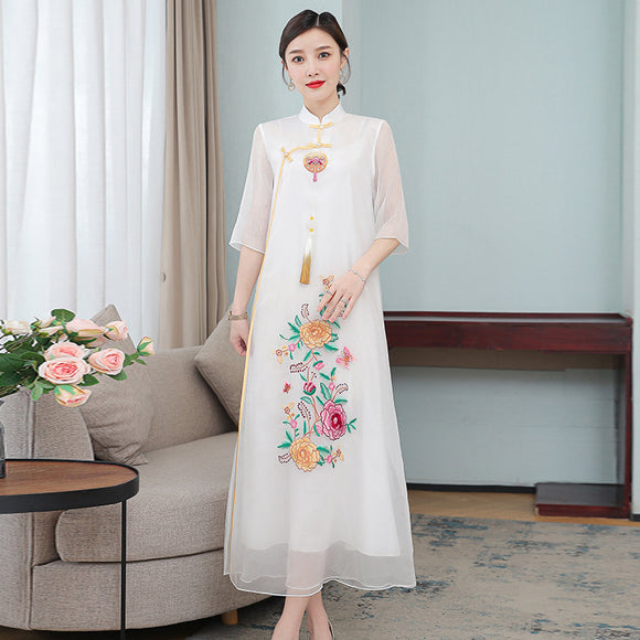2022夏季新款復古刺繡流蘇盤釦顯瘦旗袍洋裝中國風改良茶服長裙