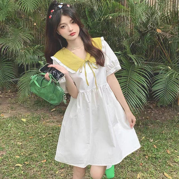 夏季2022年新款小個子顯瘦裙子女裝寬鬆娃娃領收腰法式休閒洋裝