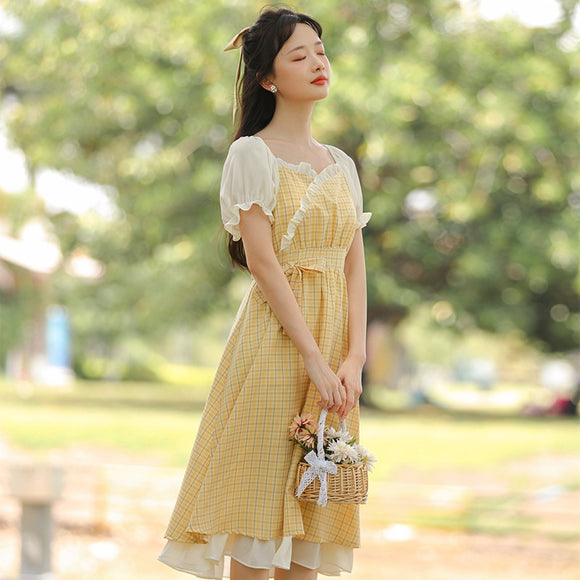 模特女裝夏季新品文藝清新荷葉邊黃色格子洋裝6149#