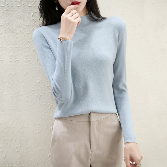 韓版半高領內搭針織衫女秋冬季氣質修身毛衣長袖純色上衣