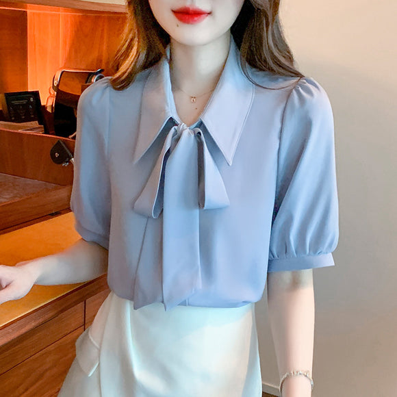 2022夏季煙藍色短袖雪紡衫女小個子垂感韓系飄帶上衣溫柔風襯衫