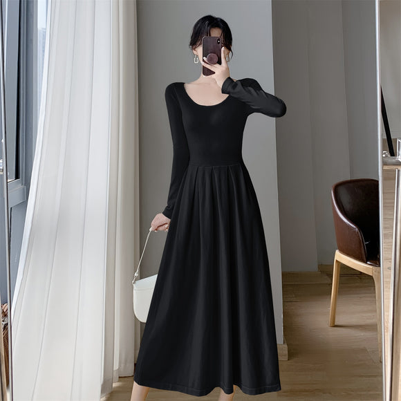 赫本風黑色長袖方領洋裝女秋季高個子高級感收腰氣質內搭長裙子