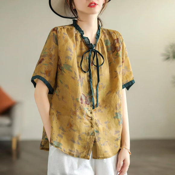 2023夏季復古苧麻印花女士襯衫上衣女繫帶花邊領寬鬆減齡內搭上衣