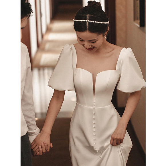 法式白色訂婚禮服女2023復古出門紗簡約緞面輕婚紗實體店