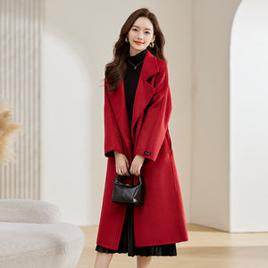 紅色羊毛雙面呢大衣女中長款2023秋冬季設計感赫本風毛呢外套