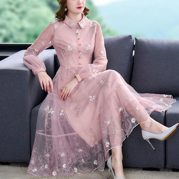 重工網紗刺繡洋裝女2023春夏時尚歐美翻領拼接減齡中長裙潮