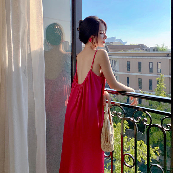 法式海邊度假內衣吊帶洋裝長款設計感小眾超仙露背沙灘裙女