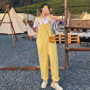 夏季學院風減齡奶油黃寬鬆直筒休閒揹帶褲女九分連衣褲子