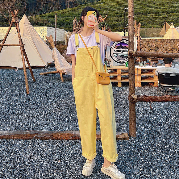 夏季學院風減齡奶油黃寬鬆直筒休閒揹帶褲女九分連衣褲子