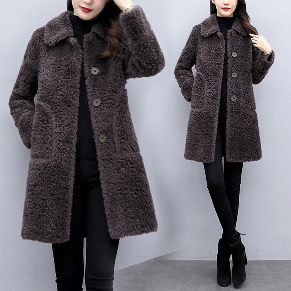 2023冬季韓版仿羔羊毛寬鬆外套女中長款保暖皮毛一體大衣長袖
