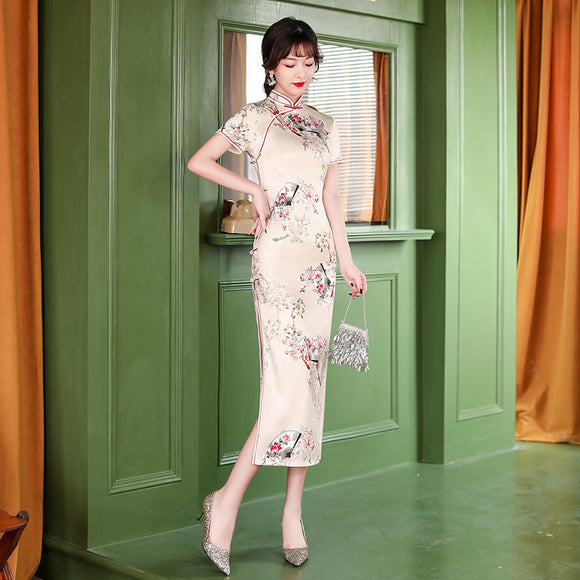 絲綢雙層長款日常旗袍2023改良復古中國風宴會禮儀修身洋裝