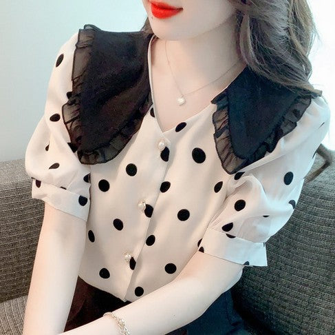 溫柔慵懶風荷葉邊邊娃娃領雪紡衫甜美少女感波點襯衫歐美學生裝圓點