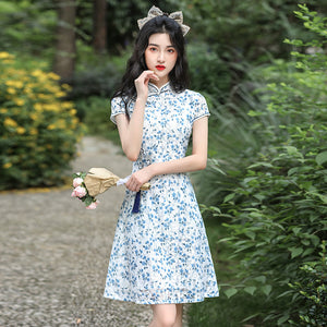 蕾絲中長款日常旗袍2023改良版低領年輕少女修身中國風洋裝