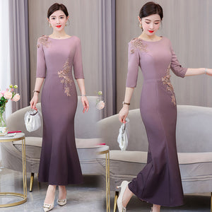 喜婆婆婚宴裝紫色禮服裙2023秋季時尚優雅修身復古刺繡洋裝