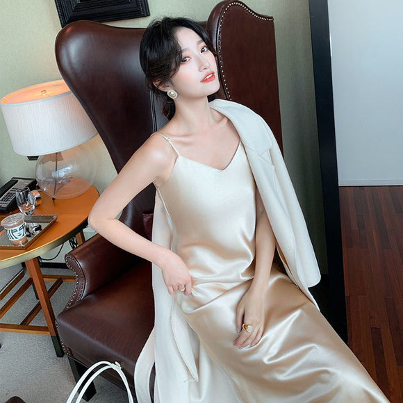 真絲洋裝女搭配西裝春夏秋醋酸緞面高端顯瘦收腰氣質吊帶長裙子