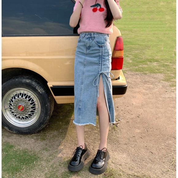 S-5XL 大尺碼大尺碼女裝牛仔半身裙女高腰開叉中長款設計感a字裙子女