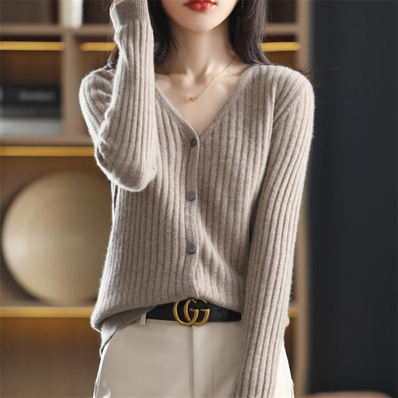 春季純羊毛衫修身V領針織開衫女士韓版長袖時尚外套上衣