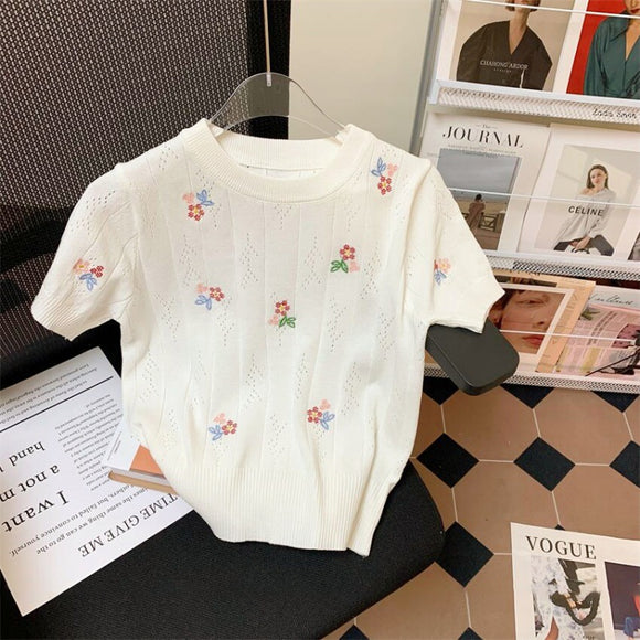 白色花朵刺繡鏤空針織短袖女2023女裝夏季百搭上衣服裝