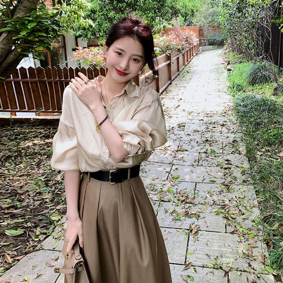 早春新款女裝輕奢冷淡風高級感套裝法式名媛氣質長裙襯衫洋裝子