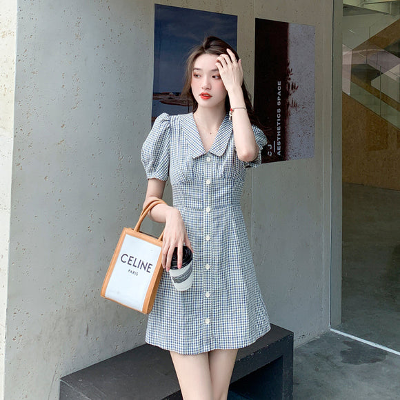 2022夏裝新款女裝法式桔梗格子裙子短袖洋裝女