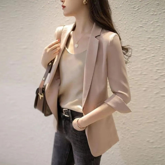 醋酸緞面氣質韓版簡約西裝外套女七分袖修身百搭薄外套