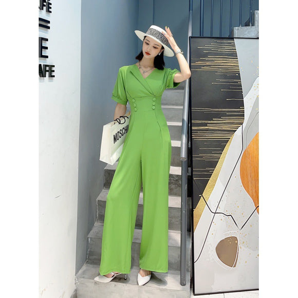 連身褲女夏名媛氣質高腰雙排扣顯瘦連衣褲寬褲