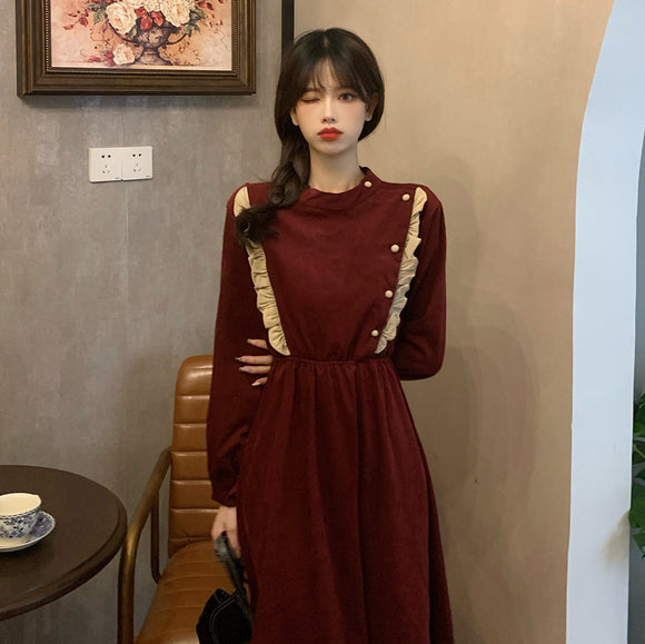 2022春大尺碼女裝可穿法式復古洋裝女秋收腰顯瘦設計感裙子