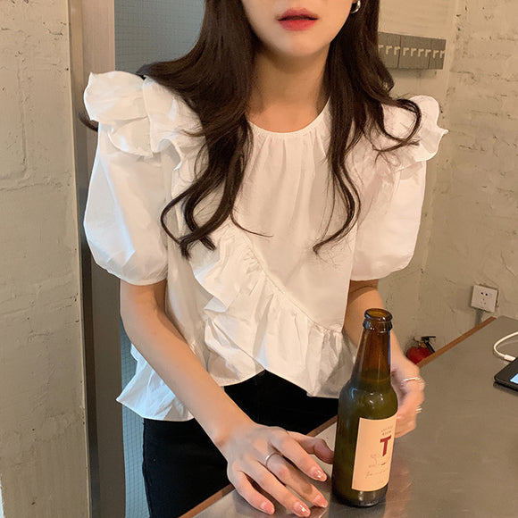 設計感小眾內搭上衣女2022夏季西新款韓版寬鬆荷葉邊短袖襯衫休閒上衣