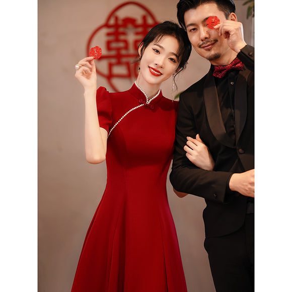 中式旗袍敬酒服新娘酒紅色訂婚晚禮服小個子平時可穿短款洋裝夏