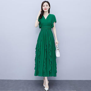 雪紡洋裝女夏季時尚歐美V領減齡收腰顯瘦過膝中長裙潮