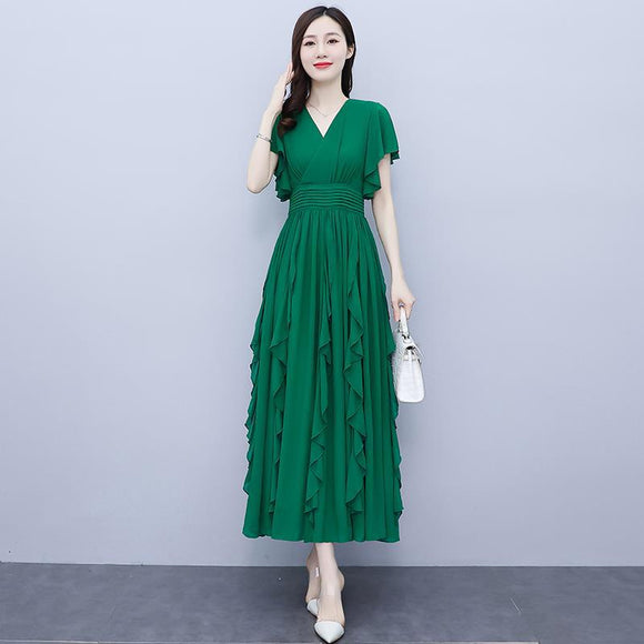 雪紡洋裝女夏季時尚歐美V領減齡收腰顯瘦過膝中長裙潮
