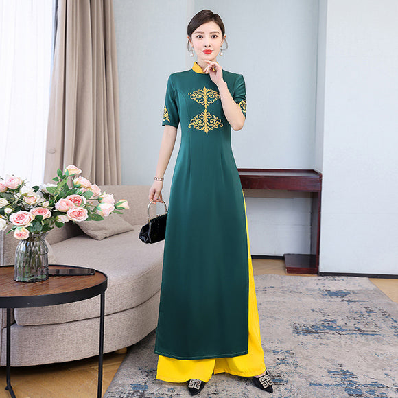 改良越南奧黛旗袍洋裝正宗中國風褲子套裝2022復古女走秀演出服