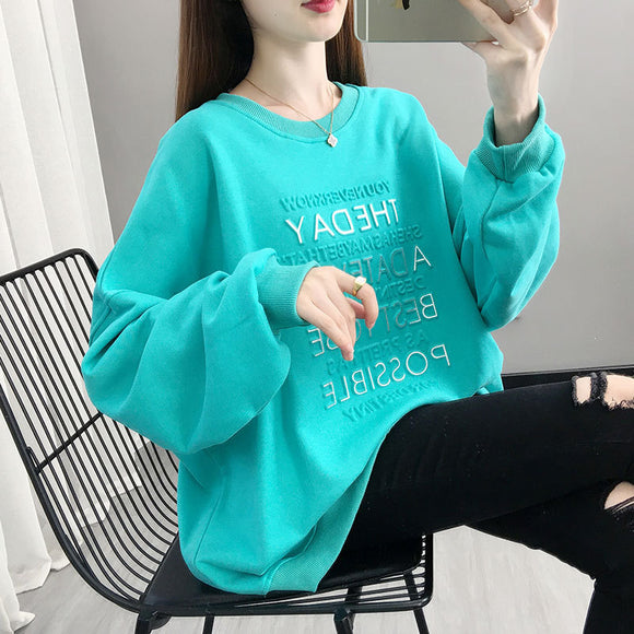 2988#實價（75聚酯纖維 25棉）秋季新款凹凸字母套頭薄款棉質上衣女
