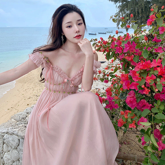 法式赫本風長裙驚豔純欲凡爾賽仙女生日party宴會宮廷風洋裝子