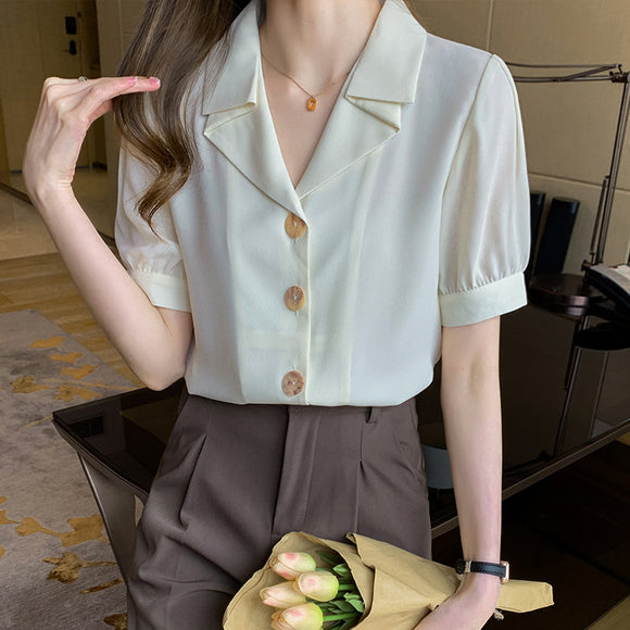 夏季職業短袖白襯衫女設計感小眾雪紡上衣女夏白色工作服內搭上衣