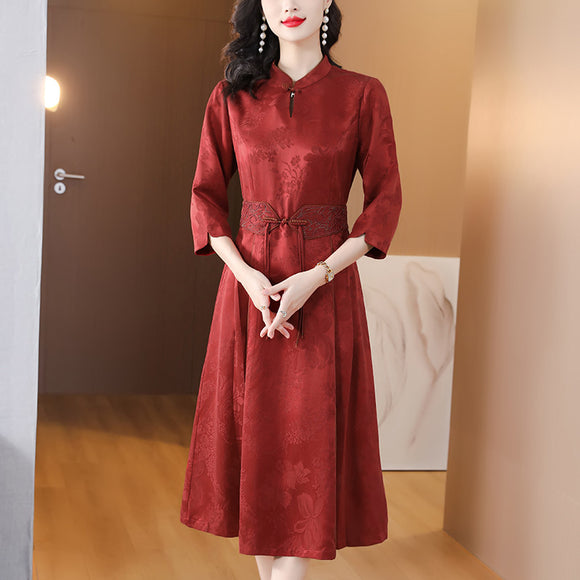 喜婆婆婚宴裝紅色禮服裙2023秋季媽媽裝時尚復古優雅洋裝