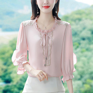 緞面襯衫女2023夏季時尚歐美荷葉邊邊拼接寬鬆顯瘦七分袖上衣潮
