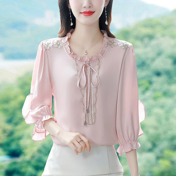 緞面襯衫女2023夏季時尚歐美荷葉邊邊拼接寬鬆顯瘦七分袖上衣潮