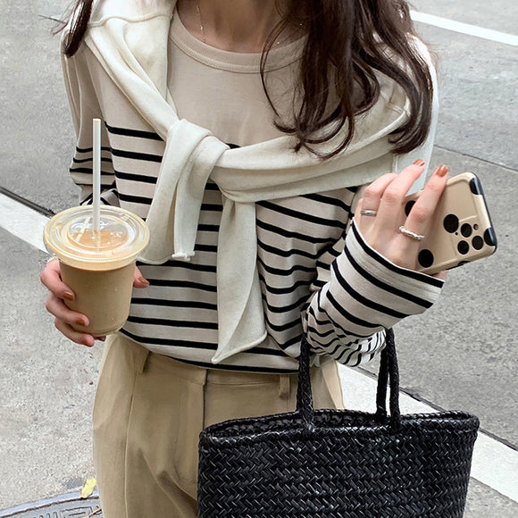拼接條紋疊穿內搭上衣全棉寬鬆長袖海魂衫休閒百搭女式上衣