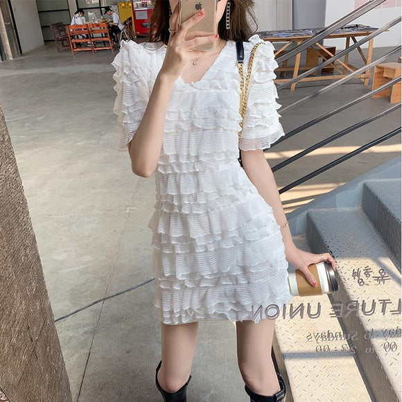 2022夏季新款女裝純色V領法式桔梗短袖洋裝女