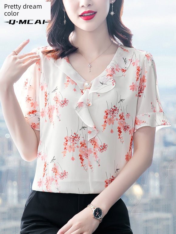 夏天短袖媽媽裝歐美遮肚子雪紡衫